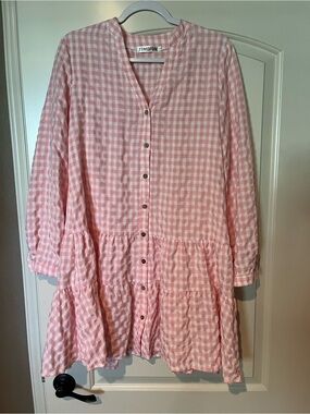 Temofon Pink Gingham Tiered Button-Front Casual Dress